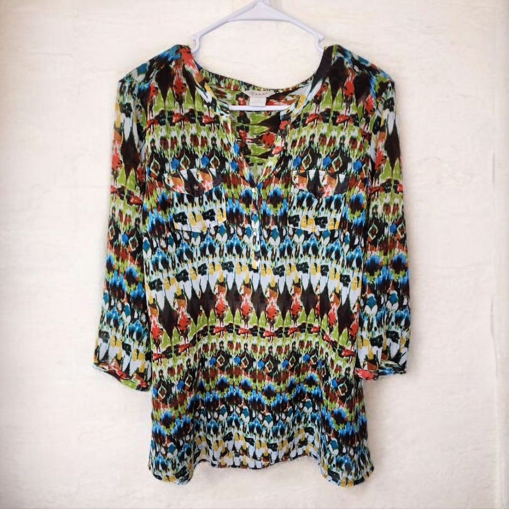 Ariat Aztec Sheer Half Button Blouse Women's L Multicolor 3/4 Sleeve NWOT